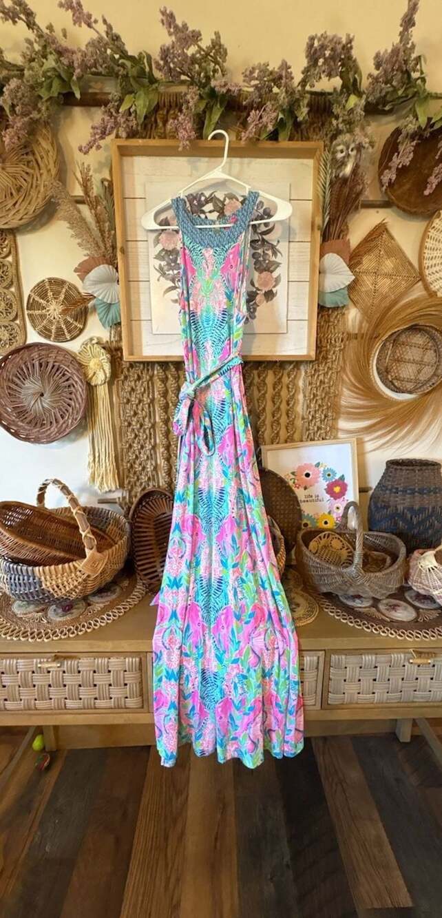 Lilly Pulitzer Monterrey Maxi Dress Size L Pink Blue Floral